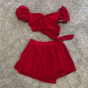 Red Two-Piece Set with Puff Sleeves